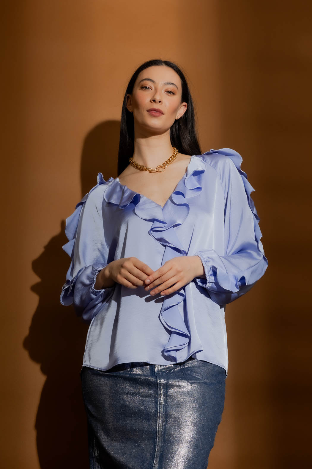 Blue Raglan Frill Shirt
