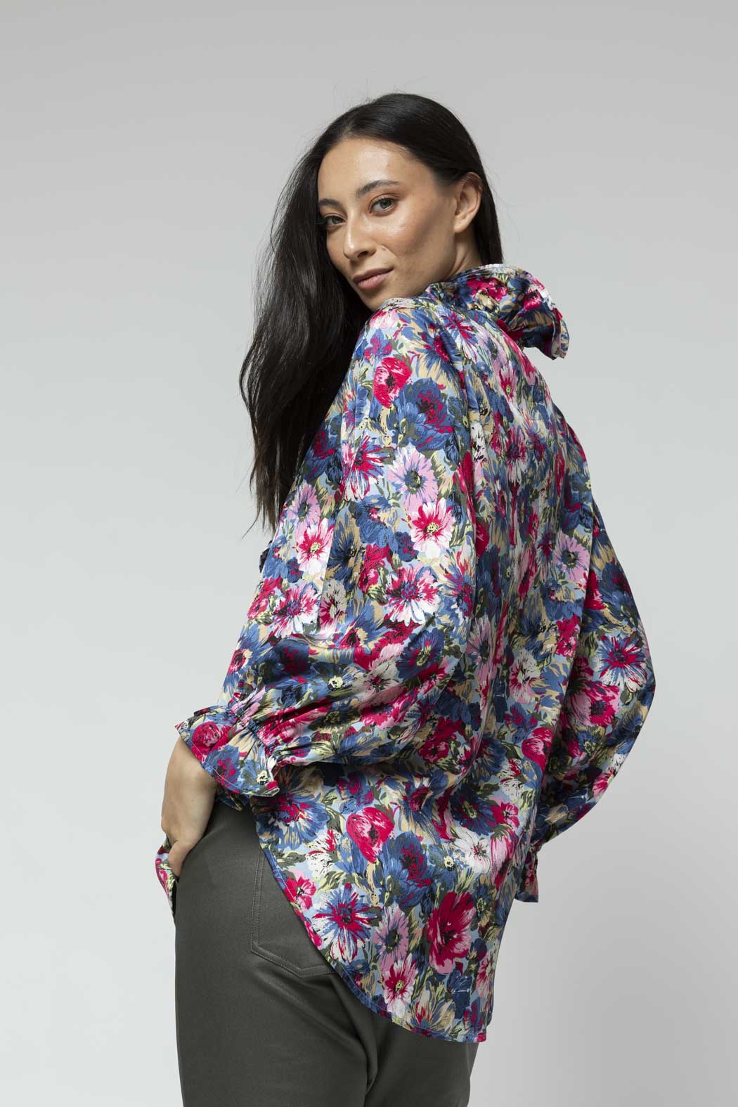 Blue Floral Double Frill Blouse