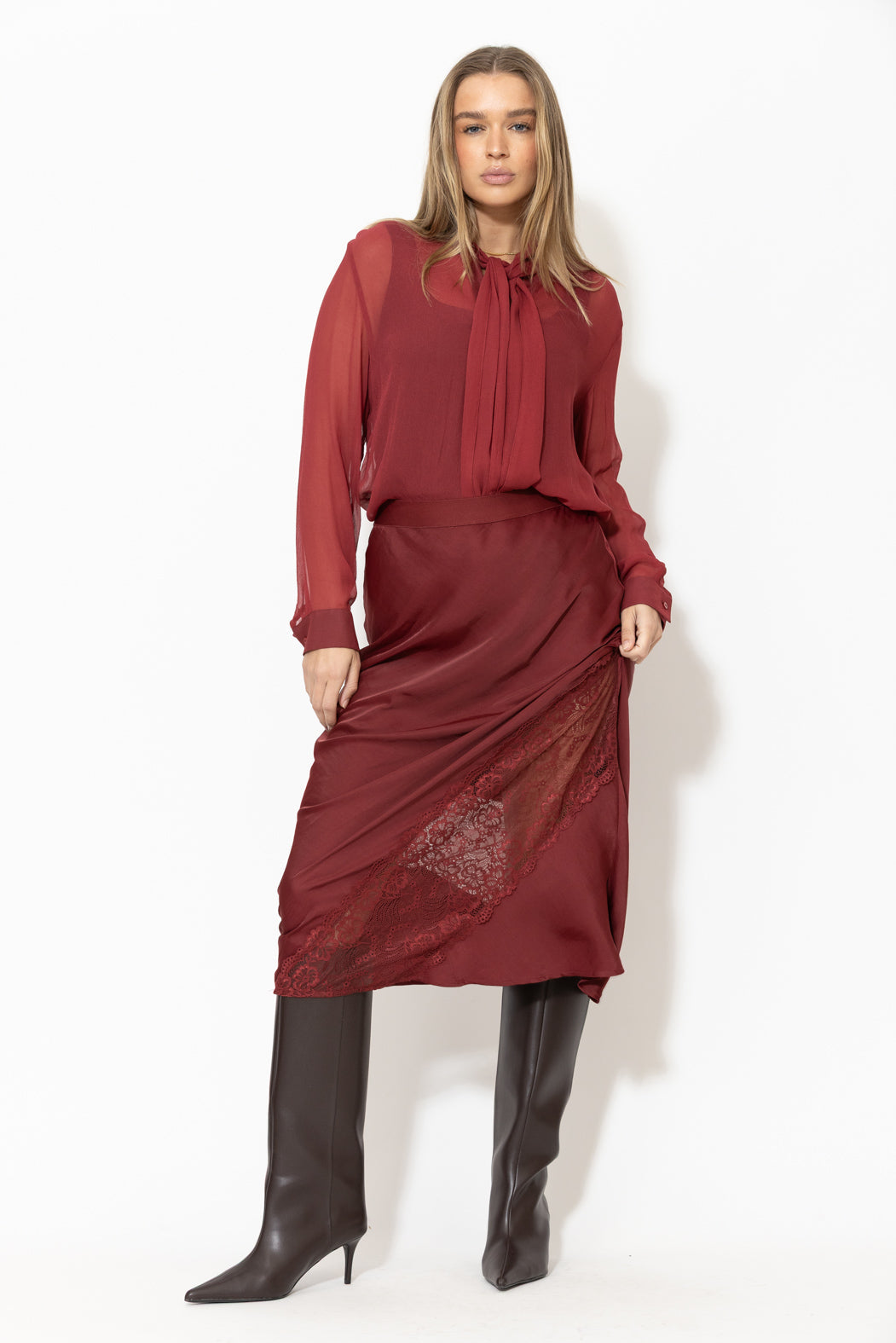 Burgundy Glow Lace Bias Skirt