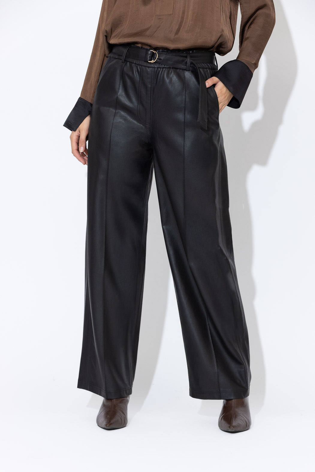 Black Faux Leather Pintuck Pant