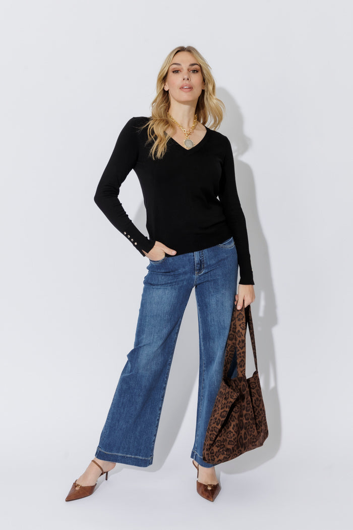 Black Fine Knit V Top