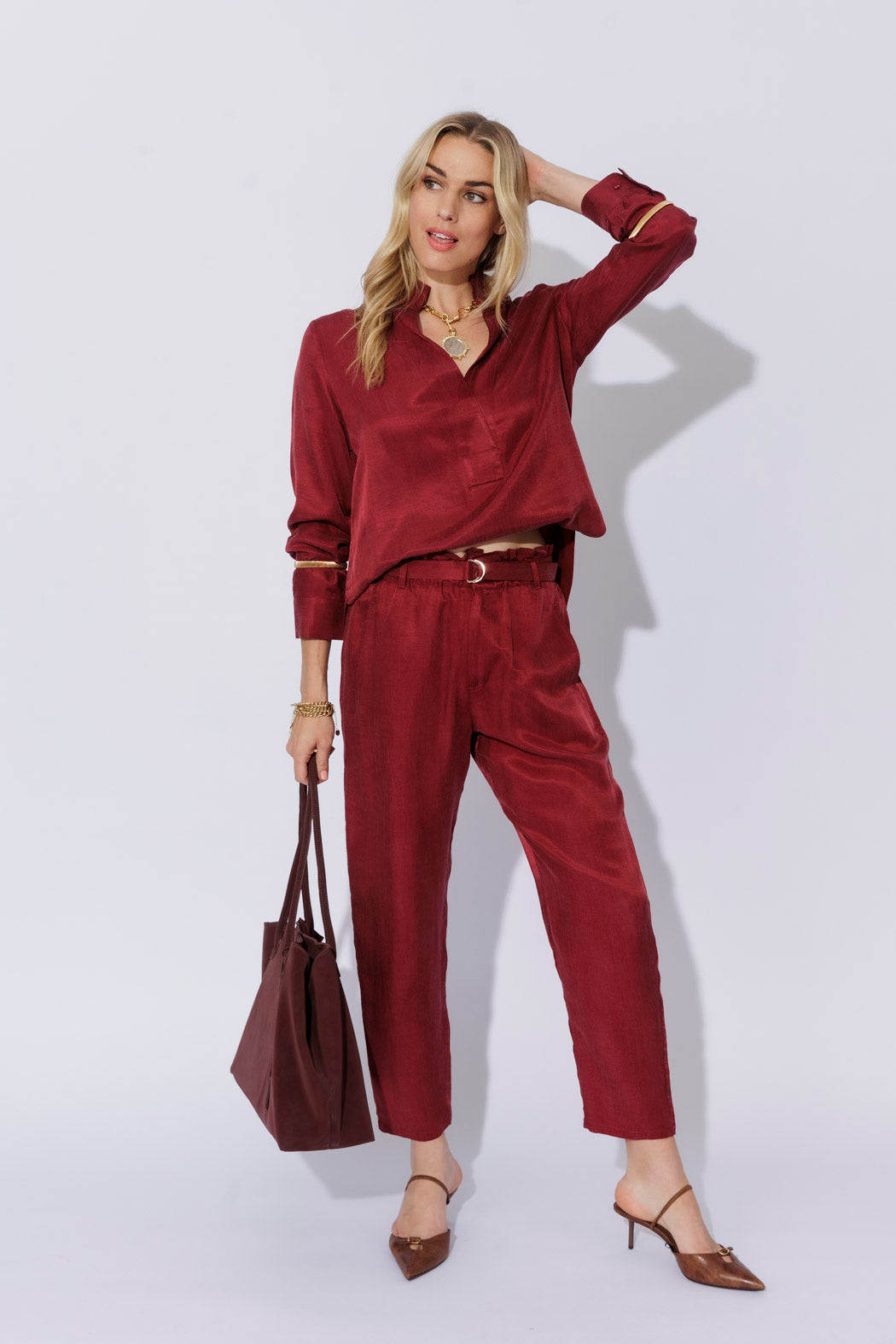 Burgundy Cupro/Linen Paperbag Pant