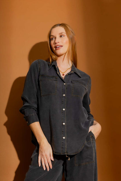 Black Washed Tencel Cargo Shirt