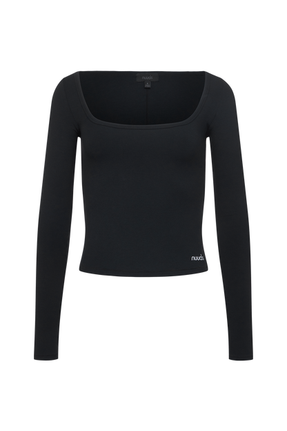 Sporty Rib Portrait Long Sleeve Top | Black