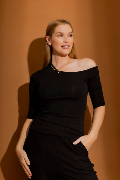 Black Tencel One Shoulder Top