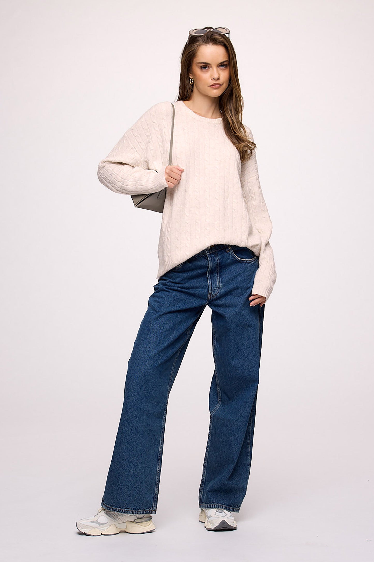 Cozy Knit Cable Crewneck Sweater | Heather Bone