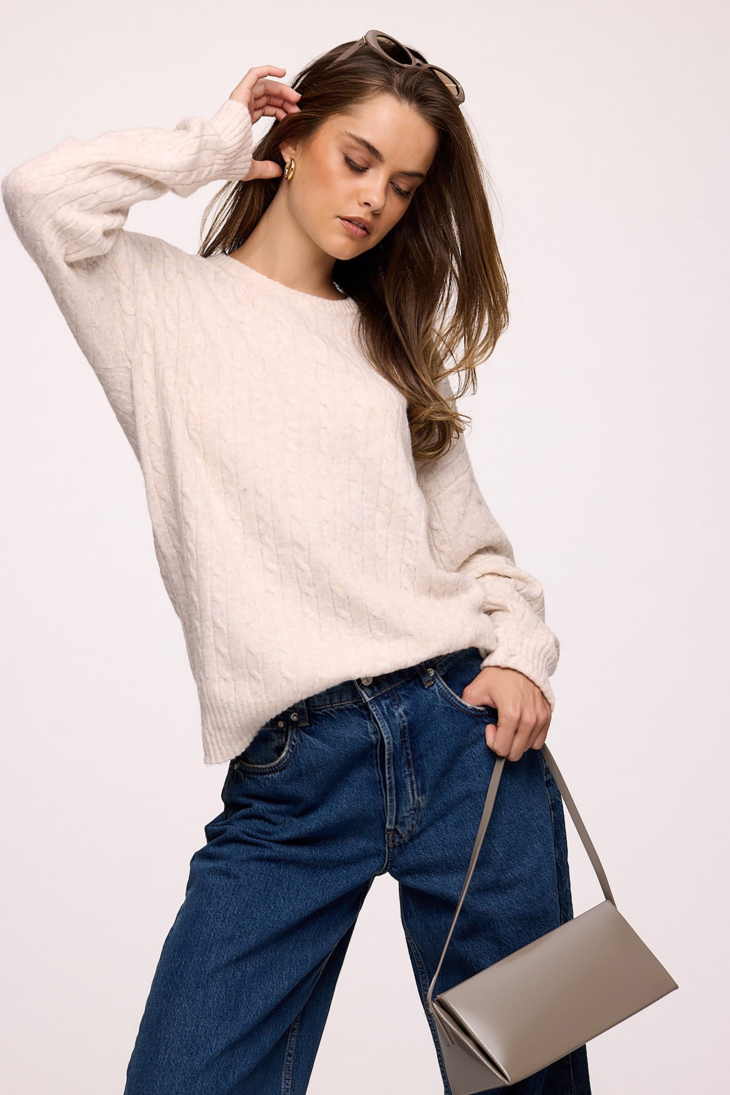 Cozy Knit Cable Crewneck Sweater | Heather Bone