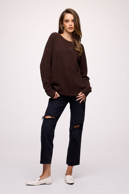 Cozy Knit Cable Crewneck Sweater | Heather Espresso