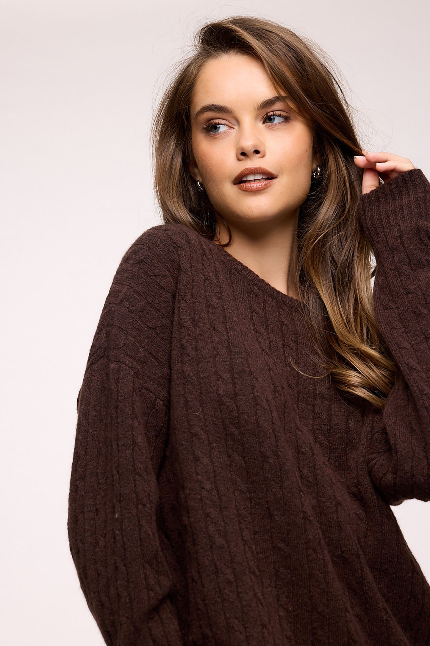 Cozy Knit Cable Crewneck Sweater | Heather Espresso