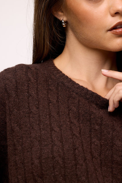 Cozy Knit Cable Crewneck Sweater | Heather Espresso