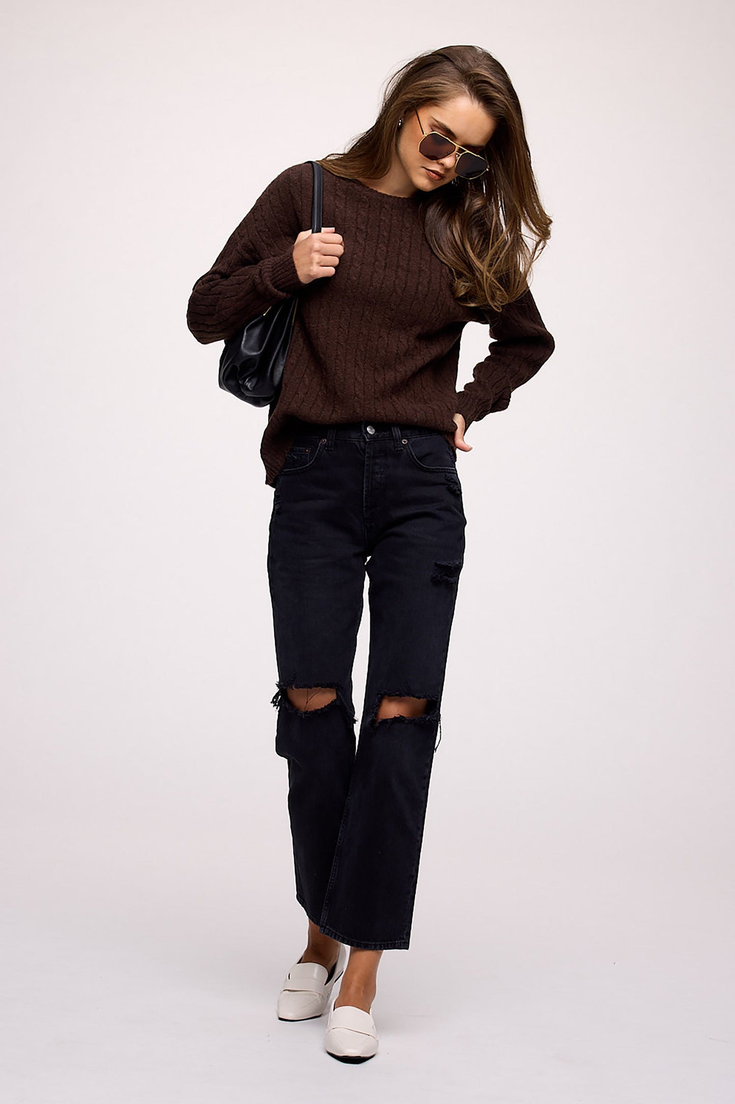 Cozy Knit Cable Crewneck Sweater | Heather Espresso
