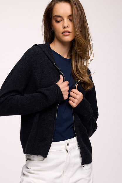Cozy Knit Zip-Up Cardigan | Heather Black