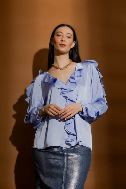 Blue Raglan Frill Shirt