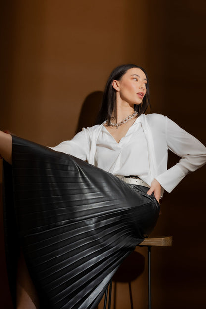 Black Faux Leather Pleat Skirt