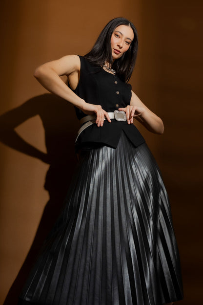 Black Faux Leather Pleat Skirt