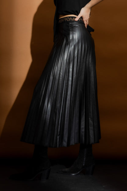 Black Faux Leather Pleat Skirt