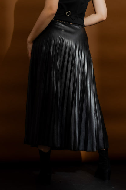 Black Faux Leather Pleat Skirt