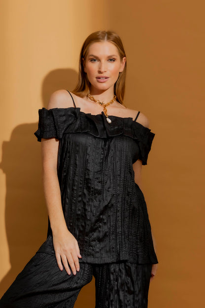 Black Crinkle Off-Shoulder Ruffle Top