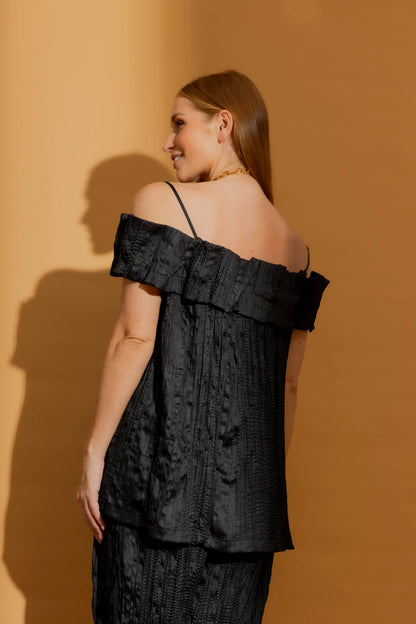 Black Crinkle Off-Shoulder Ruffle Top
