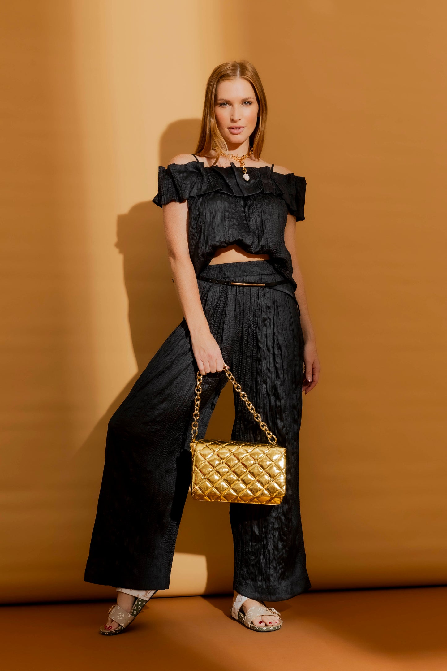 Black Crinkle Off-Shoulder Ruffle Top