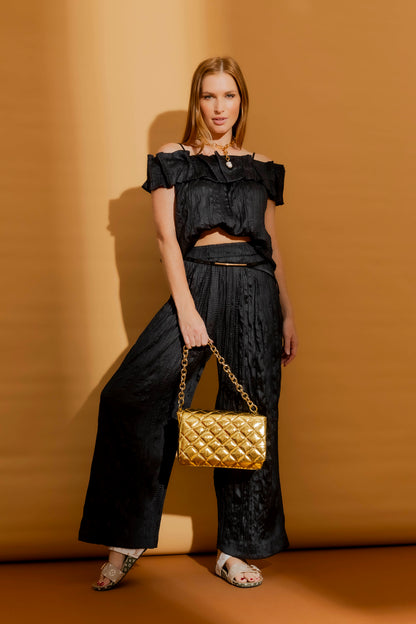Black Crinkle Off-Shoulder Ruffle Top