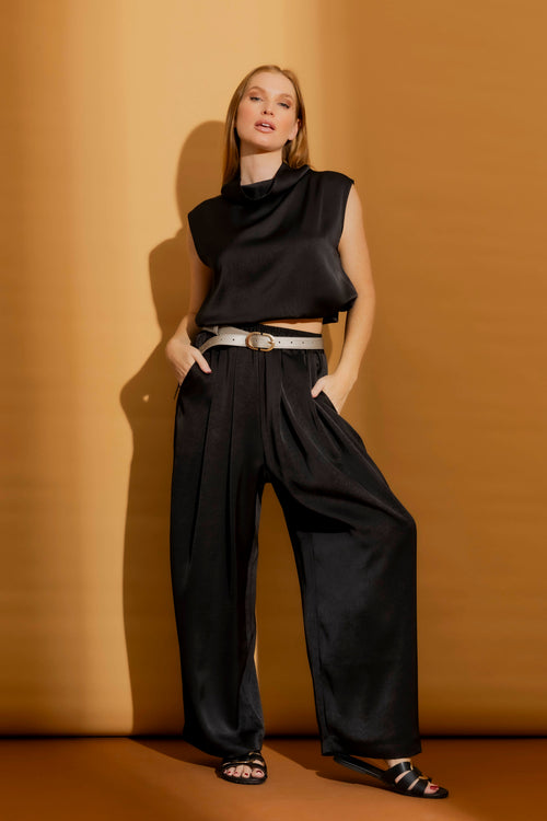 Black Silky Pull-On Pleat Pant