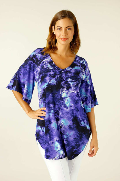 Blue Purple Jersey Bell Sleeve Top - SALE