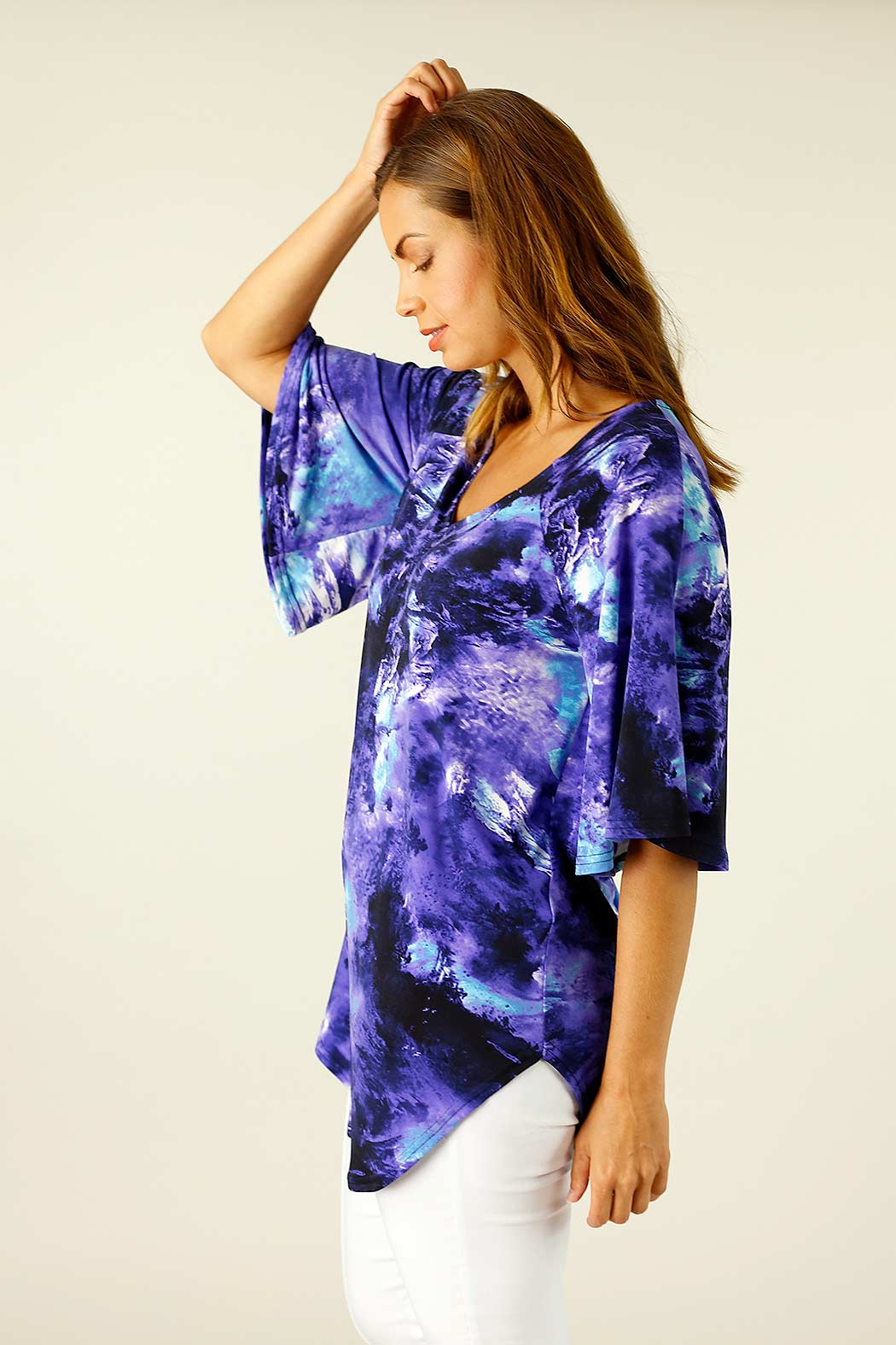 Blue Purple Jersey Bell Sleeve Top - SALE