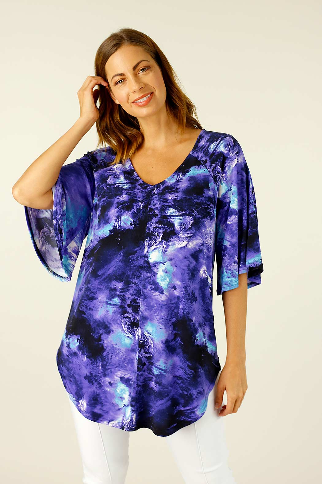Blue Purple Jersey Bell Sleeve Top - SALE