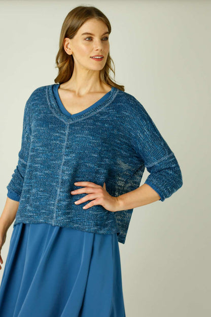 Blue Distressed V Neck Overtop