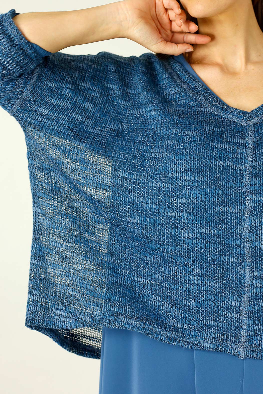 Blue Distressed V Neck Overtop