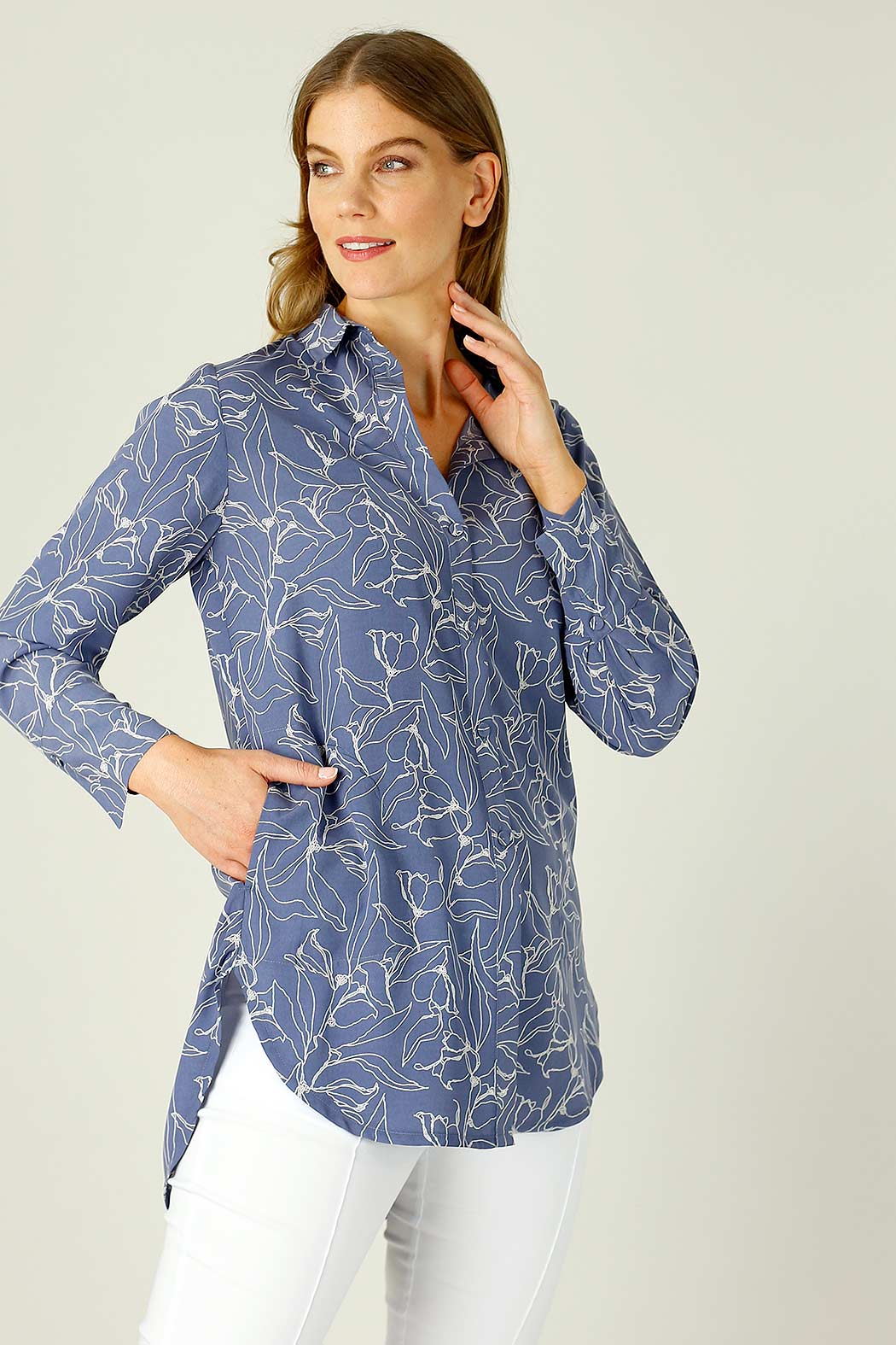 Blue Floral Nano Cuffed Pocket Shirt