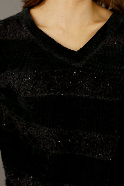 Black Fluffy Stripe Jumper - SALE
