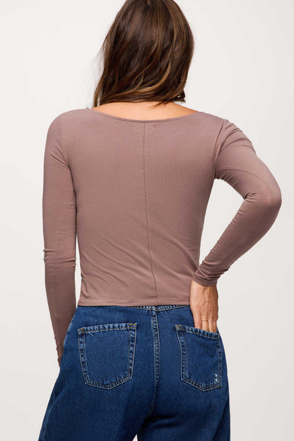 Slinky Jersey Boat Neck Long Sleeve Shirt | Cocoa