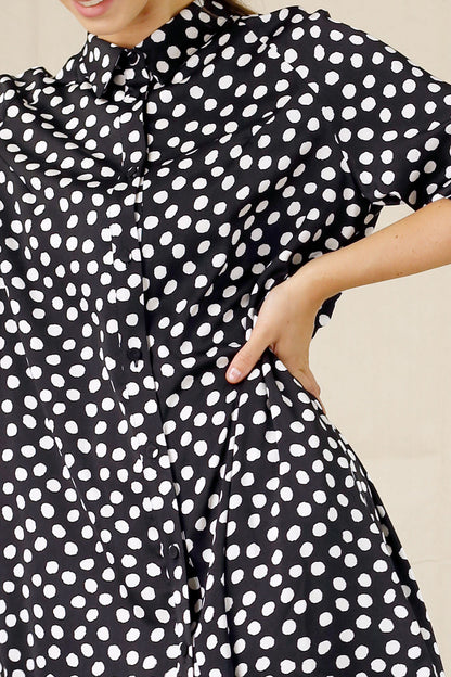 Black Spot Silky Shirt Dress