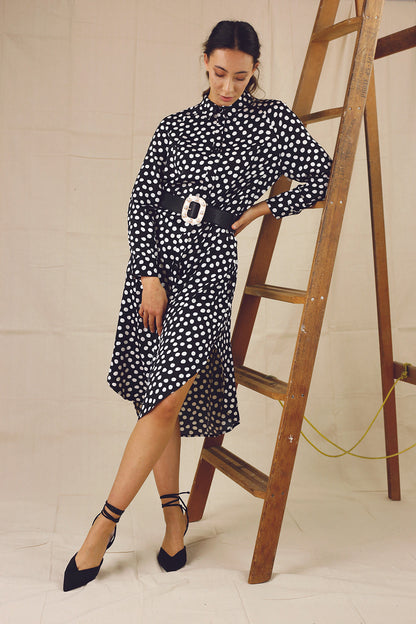 Black Spot Silky Shirt Dress