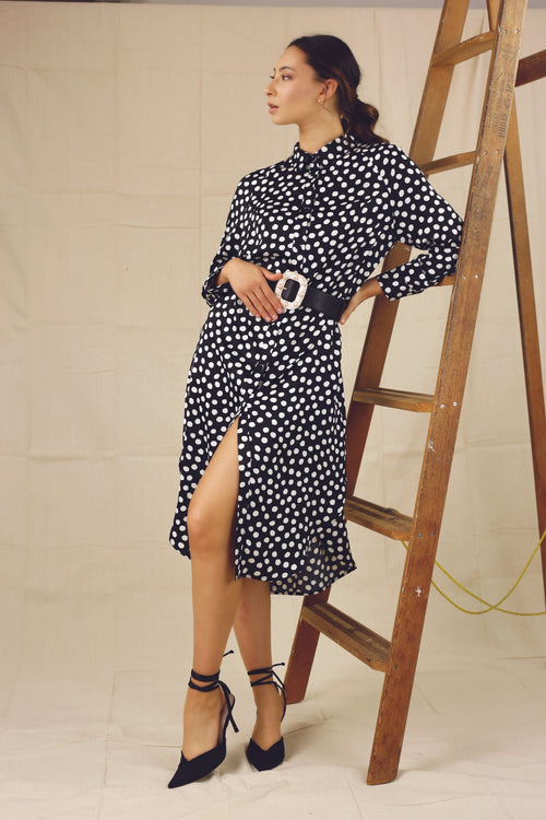 Black Spot Silky Shirt Dress