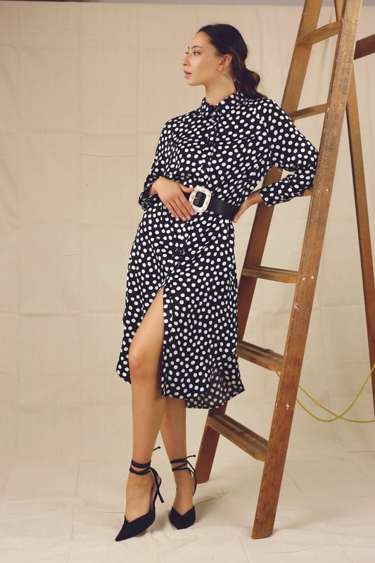 Black Spot Silky Shirt Dress