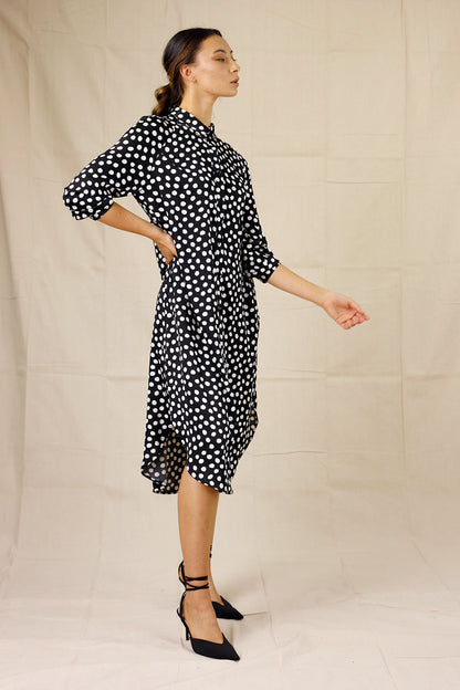 Black Spot Silky Shirt Dress