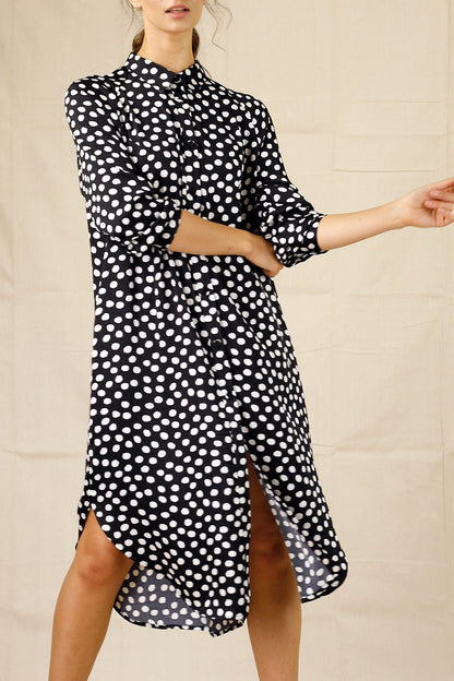 Black Spot Silky Shirt Dress