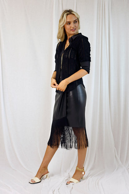 Black Vegan Leather Fringe Skirt - SALE