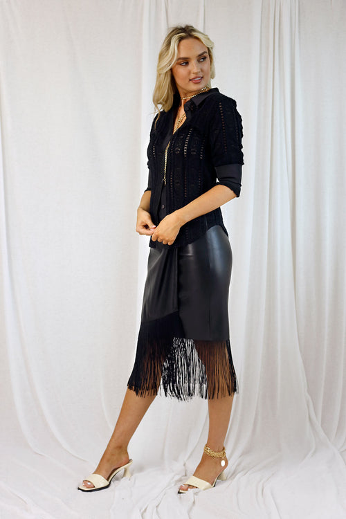 Black Vegan Leather Fringe Skirt - SALE