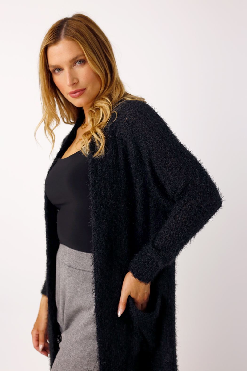 Black Fluffy Raglan Cardi-SALE