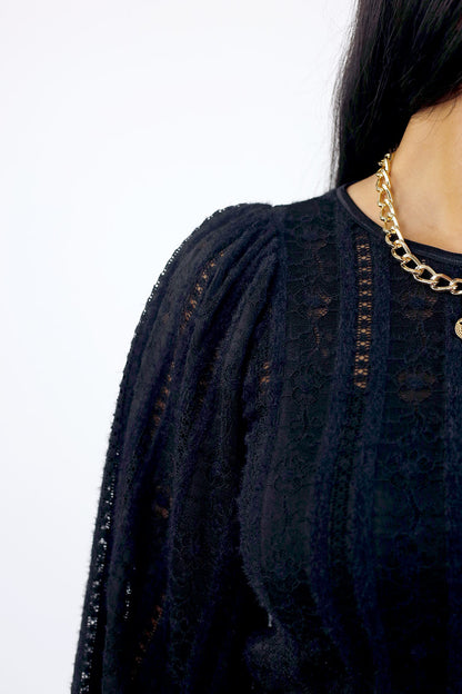 Black Stretch Lace Puff Top - SALE