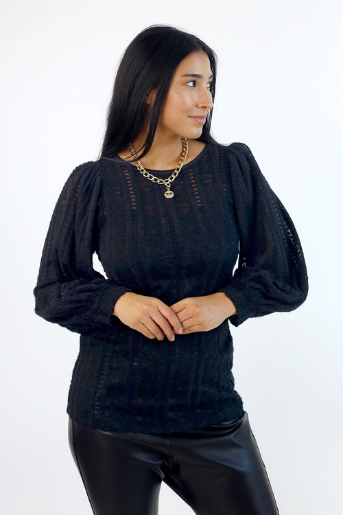 Black Stretch Lace Puff Top - SALE