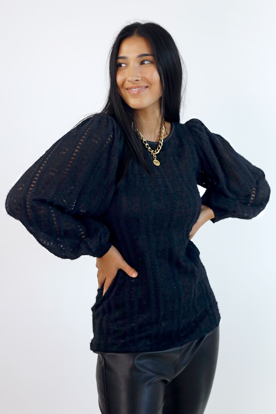 Black Stretch Lace Puff Top - SALE