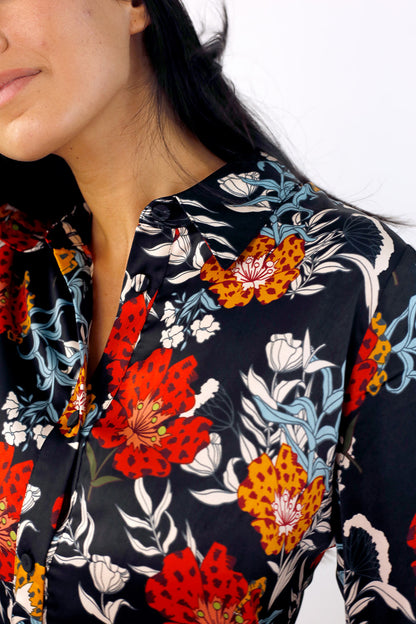 Black Floral Silky Asana Shirt - SALE