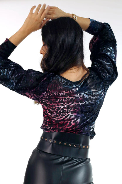 Blue & Pink Burnout Mesh Puff Top - FINAL SALE