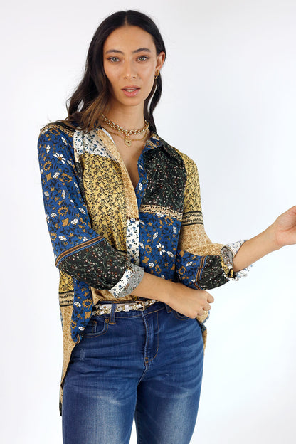 Blue Patchwork Silky Raglan Shirt - FINAL SALE