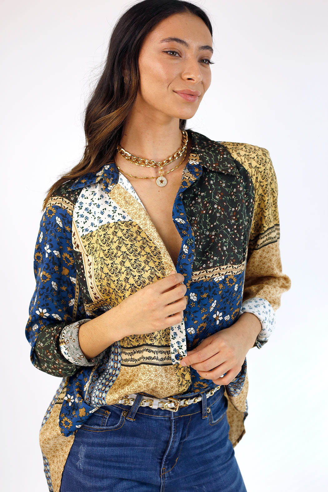 Blue Patchwork Silky Raglan Shirt - FINAL SALE